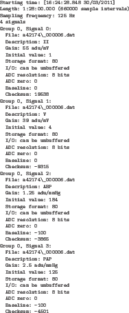\begin{figure}\begin{center}
\tiny
\begin{verbatim}Starting time: [16:24:28.8...
...ro: 0
Baseline: -100
Checksum: -4501\end{verbatim}
\end{center}\end{figure}