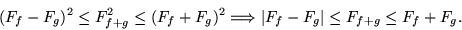 \begin{displaymath}
(F_f-F_g)^2 \leq F^2_{f+g} \leq (F_f+F_g)^2 \Longrightarrow \vert F_f-F_g\vert\leq F_{f+g} \leq F_f+F_g.
\end{displaymath}